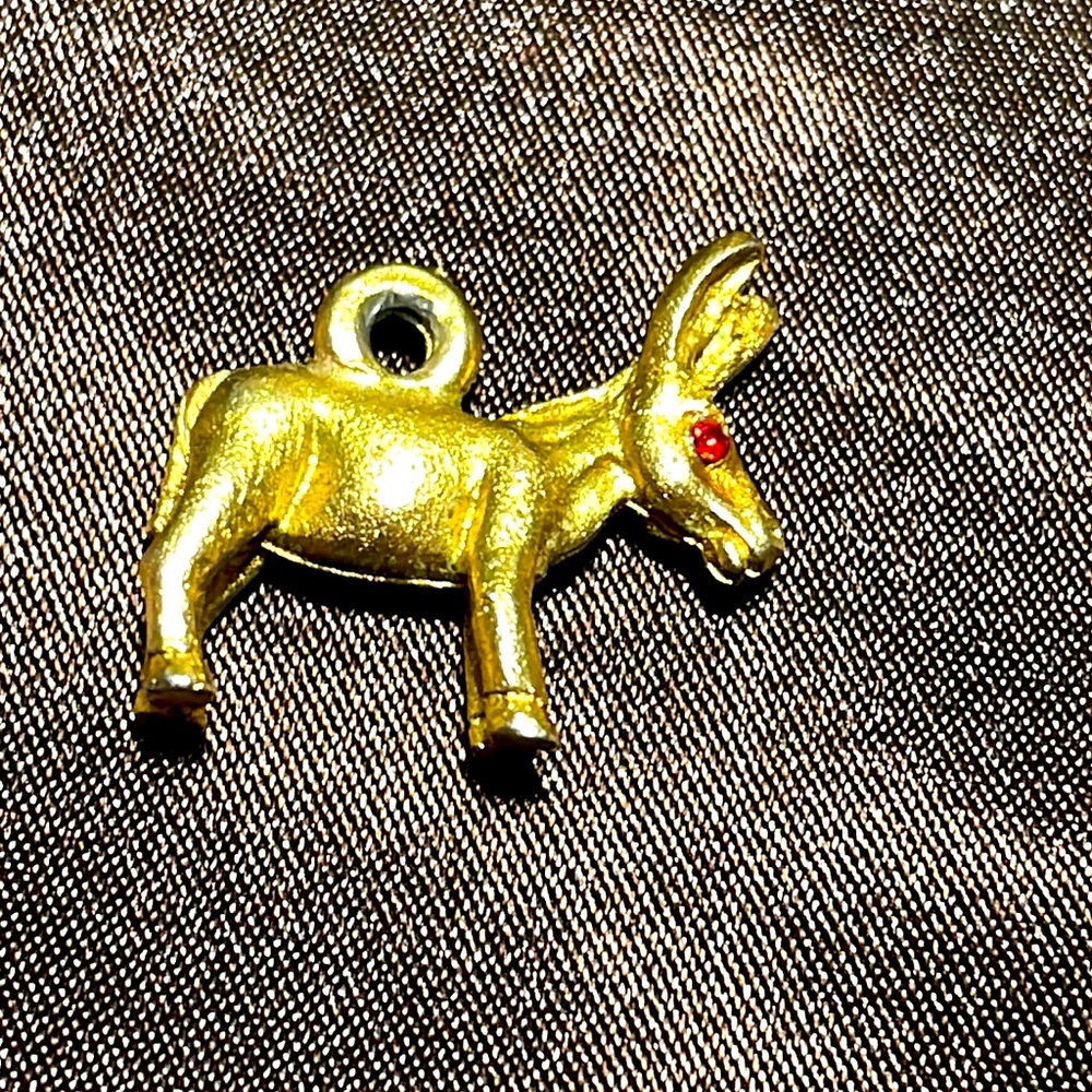 DONKEY pendant gold tone with red rhinestone crystal eyes-UNIQUE